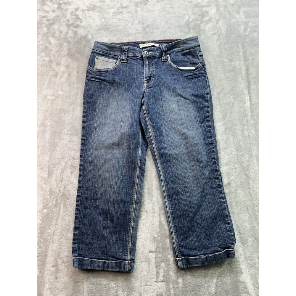 Vintage Tommy Hilfiger Cuffed Crop Capri Y2K Denim Jeans Womens Sz 6 Blue Faded‎